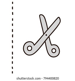 Scissors with cut lines isolated on white background. Vector cartoon illustration. Sticker, patch badge design