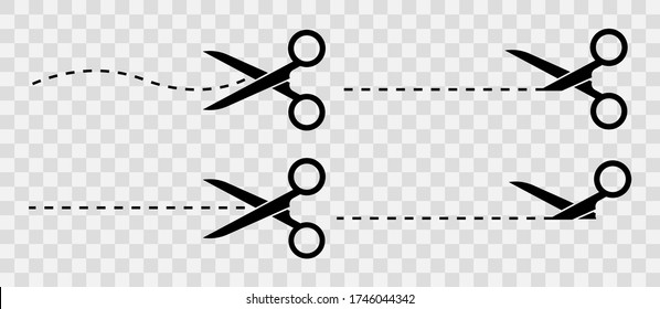 Scissors with cut lines on a transparent background. Set black scissors icon vector. 