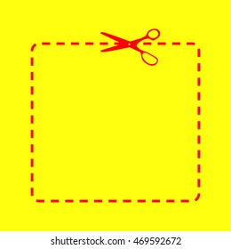 Scissors with cut lines. Red on yellow background.