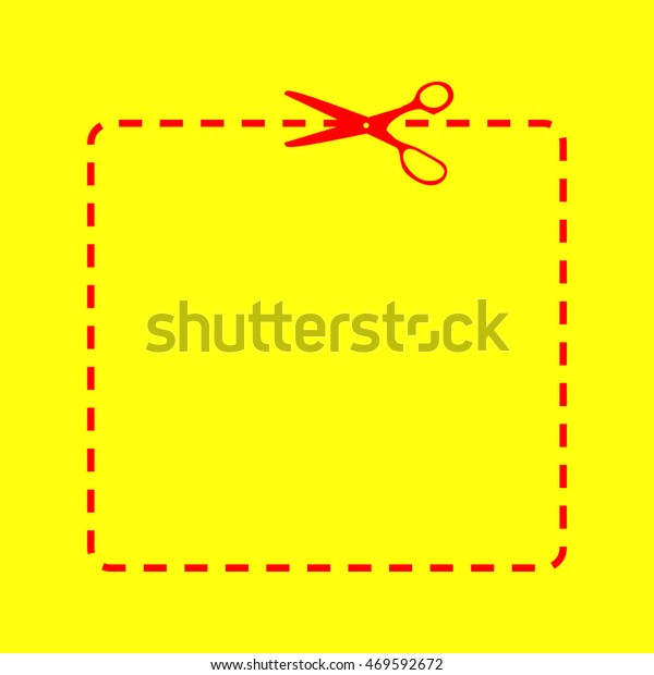 Scissors with\
cut lines. Red on yellow\
background.