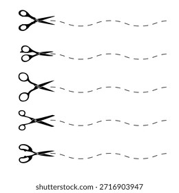 Conjunto de tijeras y líneas de corte . Tijeras negras cortando. Iconos del vector. eps 10 