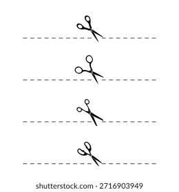 Conjunto de tijeras y líneas de corte . Tijeras negras cortando. Iconos del vector. eps 10 