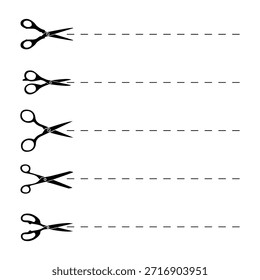 Conjunto de tijeras y líneas de corte . Tijeras negras cortando. Iconos del vector. eps 10 