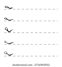 Conjunto de tijeras y líneas de corte . Tijeras negras cortando. Iconos del vector. eps 10 