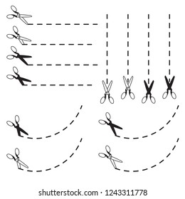 Scissors with cut lines set. Vector.