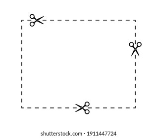 Scissors with cut lines. Square coupon cutting. Black scissors and dotted line. Cut stickers. Vector illustration.