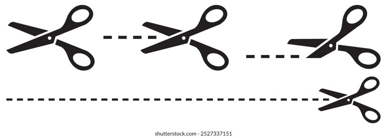 Scissors with cut lines symbols isolated on white background. Scissors icons set. Vector illustration