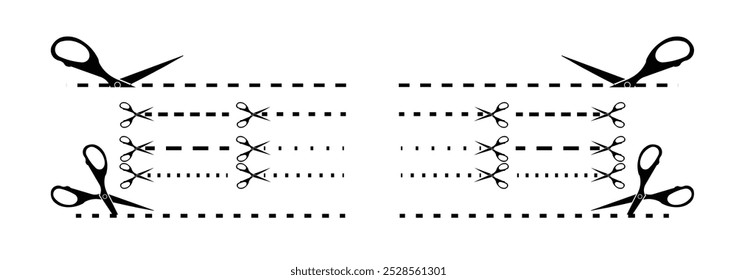 Tijeras con líneas de corte, tijeras Trim Line Icon Set. Vector Ilustración de stock EPS 10