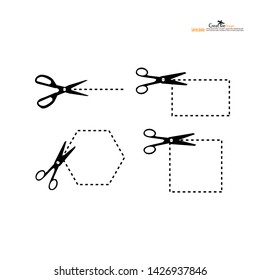 Scissors with cut lines. Vector illustration.