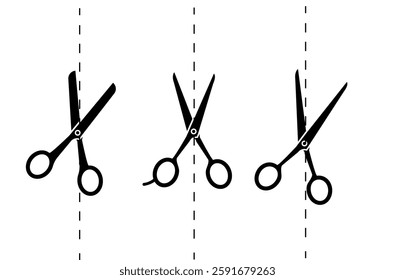 Scissors with cut lines. Vector illustration. Paper cut icon with dotted line. Vector scissors with cut lines. Vector set of cutting scissors.