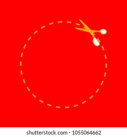 Scissors with cut lines. Vector. Orange icon with white holes if exist at red background. Isolated.