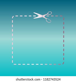Scissors with cut lines. Vector. Pink bronze gradient icon at turquoise gradient background.