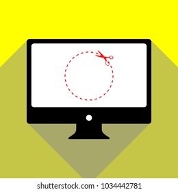 Scissors with cut lines. Vector. Red icon on white monitor of black all-in-one desktop computer with two shadows at yellow background.