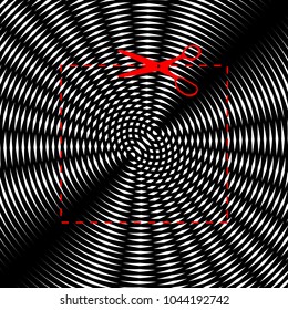Scissors with cut lines. Vector. Red icon on white and black radial interference as background.