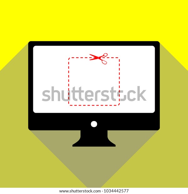 Scissors with cut lines. Vector. Red icon on\
white monitor of black all-in-one desktop computer with two shadows\
at yellow background.
