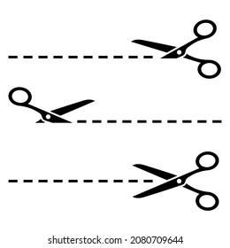 Scissors with cut lines, vector set icons