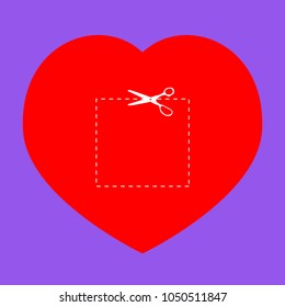 Scissors with cut lines. Vector. White icon in red heart at lavender background.