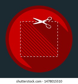 Scissors with cut lines. White icon with shadow on round red button at dark cyan background. Illustration.