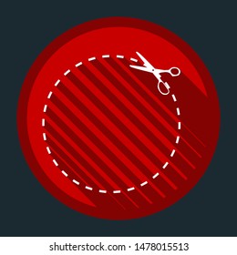 Scissors with cut lines. White icon with shadow on round red button at dark cyan background. Illustration.