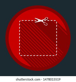 Scissors with cut lines. White icon with shadow on round red button at dark cyan background. Illustration.