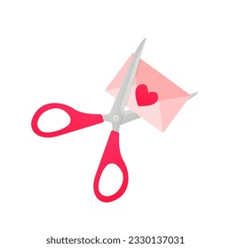 Scissors cut the love envelope. Flat Design Illustration with Scissors cutting Envelope Letter. Valentine's day card. Heart. Vector illustration
