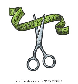 scissors cut measure tape color sketch engraving vector illustration. T-shirt apparel print design. Scratch board imitation. Black and white hand drawn image.