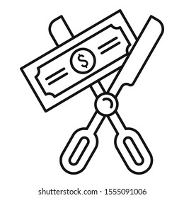Scissors cut money icon. Outline scissors cut money vector icon for web design isolated on white background
