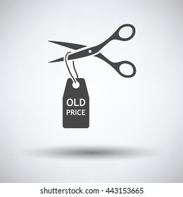 Scissors cut old price tag icon on gray background, round shadow. Vector illustration.