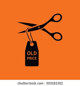 Scissors cut old price tag icon. Orange background with black. Vector illustration.