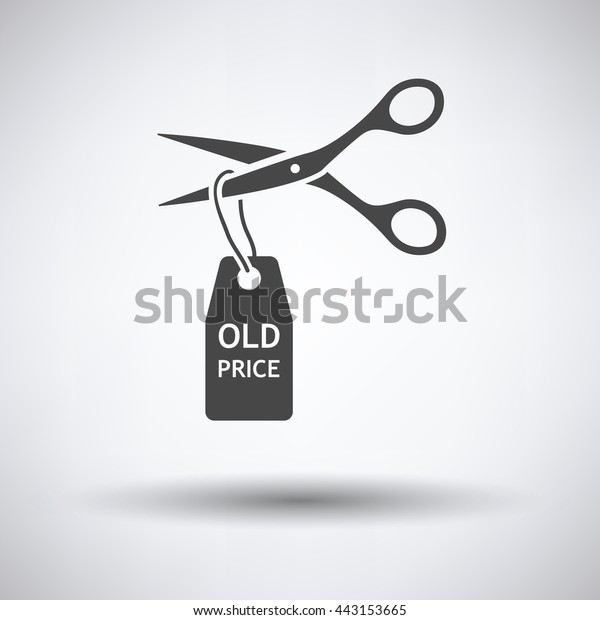 Scissors cut old price tag icon on gray\
background, round shadow. Vector\
illustration.