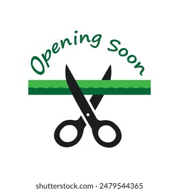 scissors cut out of green paper symbol of opening soon background