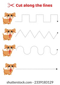 Scissors cut a path along a dotted line with a dash mark. Scissors cut a path in the shape of a coupon or page for children to practice cutting along a guide line with a dashed or dotted border. Vecto