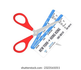 Scissors cut the plane ticket. Modern airline tickets design with flight time and passenger name. Cancellation trip. Plane tickets vector pictogram. Airline boarding pass template. Vector illustration