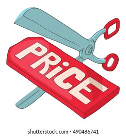 Scissors cut prices at discount icon in cartoon style isolated on white background. Purchase symbol vector illustration