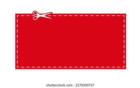 Scissors Cut Red Coupon Dotted Line With Dash Icon. Shear Crop Rectangle Shape Voucher For Gift Code Or Offer Discount Along The Guide Line Border. Vector Flat Illustation.