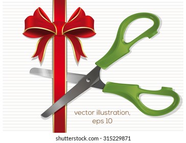 Scissors cut the red ribbon with a bow, vector illustrations