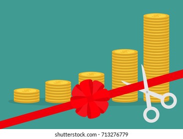 Scissors cut red ribbon bow. Business beginnings. Gold coin stacks icon diagram. Dollar sign symbol. Cash money. Going up graph. Income and profits. Growing concept Green background Flat design Vector