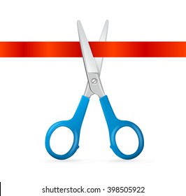 Scissors Cut Red Ribbon. Concept Of Open. Vector illustration