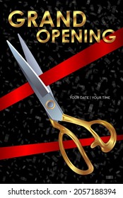 The scissors cut the red ribbon. Festive opening. Layout for advertising