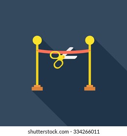  Scissors cut the red ribbon flat icon. Modern flat icon with long shadow effect in stylish colors.  EPS 10.