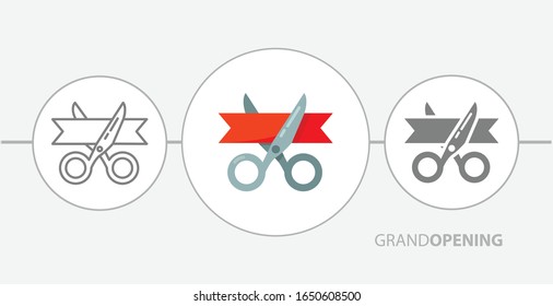 Scissors cut the red ribbon. grand opening flat icon