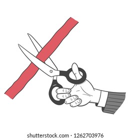 Scissors cut the red ribbon, isolated on white background