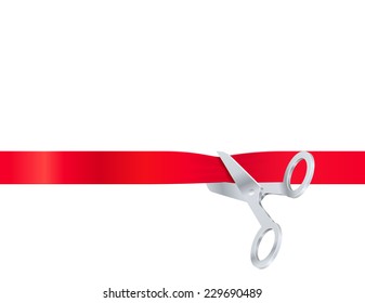 Scissors cut the red ribbon, isolated on white background