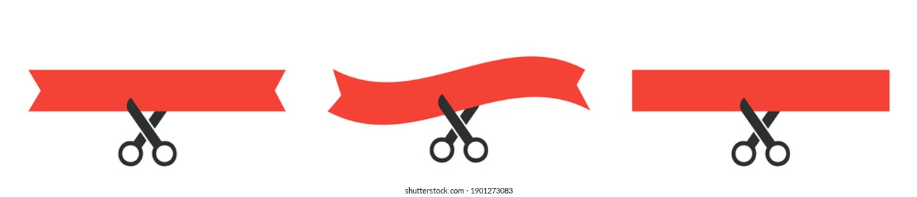 Scissors cut the red ribbon on white background. Grant opening symbol. Scissors and ribbon icon collection in flat style. 