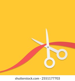 Scissors cut red ribbon on the right. Grand opening ceremony. Inauguration. New store business launch. Startup. Banner template. Flat design style. Yellow background. Isolated. Vector illustration