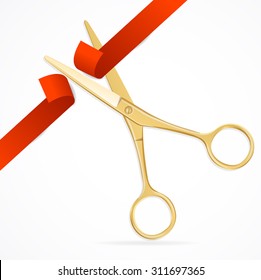Scissors Cut Red Ribbon. The Symbol of the Grand Opening Event. Vector illustration