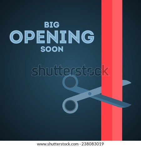 Scissors cut the red ribbon vector poster with text Ã?Â«Big opening soonÃ?Â» from the left on dark blue background