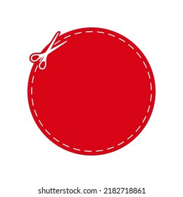 Scissors Cut Red Round Coupon Dotted Line With Dash Icon. Shear Crop Circle Shape Voucher For Gift Code Or Offer Discount Along The Guide Line Border. Vector Flat Illustation.