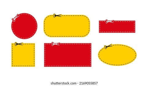 Scissors Cut Red And Yellow Coupon Dotted Line With Dash Icon. Shear Crop Rectangle, Round Oval Shape Voucher For Gift Code Or Offer Discount Along The Guide Line Border. Vector Flat Illustation.