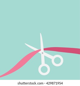 Scissors cut the ribbon. Grand opening celebration. Launch startup.  Business beginnings event.  Flat design style. Vector illustration.